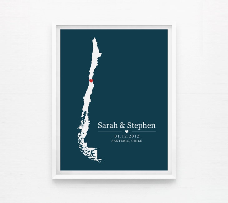 Wedding Gift Personalized Chile Map Anniversary or Wedding Custom Location Any State or Country 8x10 Map Print