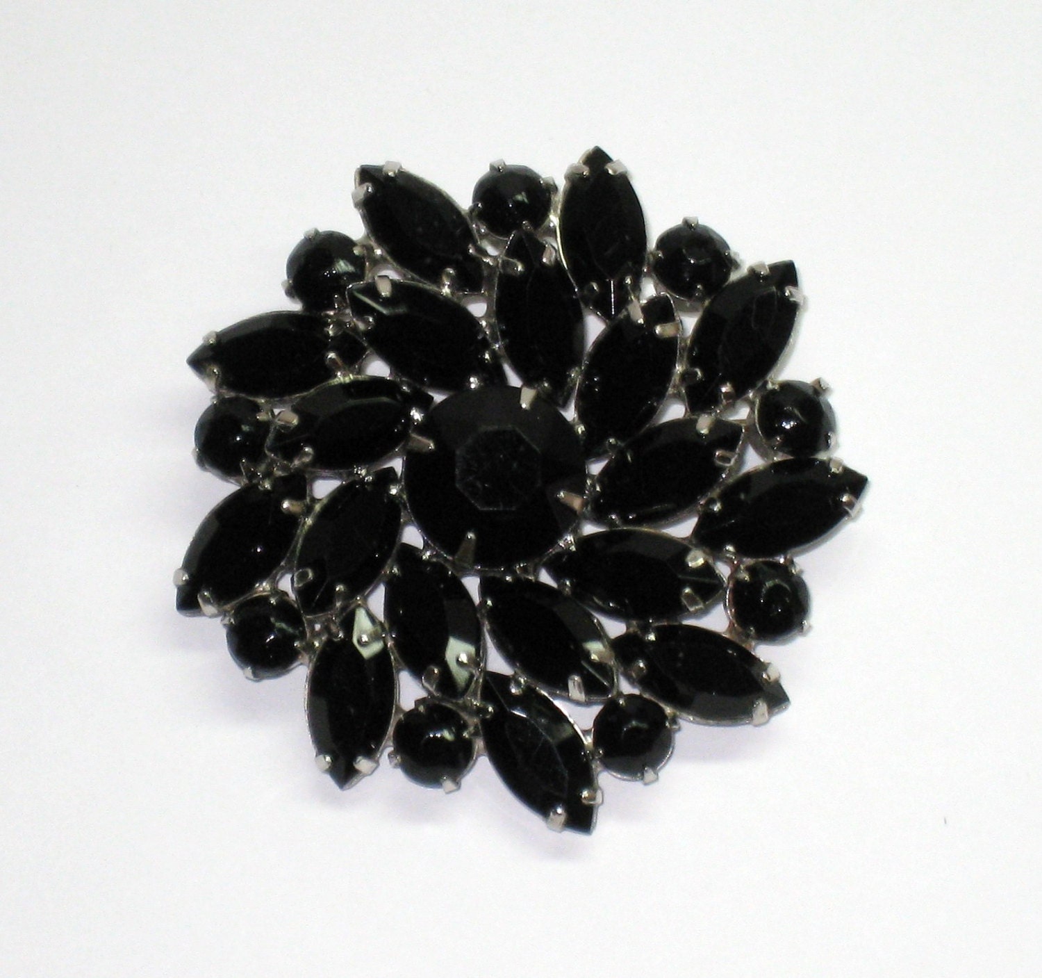 D&E Style Large Brooch / 2 1/4" / Open Back Black Navettes and Round Stones / Mourning / Prong Set / Quality