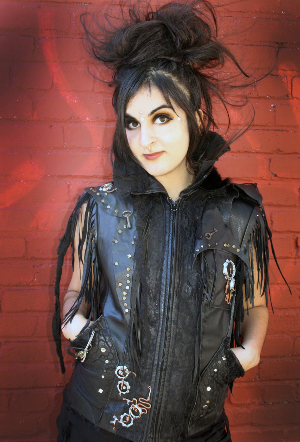 Leather Vest Frayed Tassel Sleeves, with Antique Brass and Silver Accents of One of a Kind Wire Wrapping with Gears, Antique Skeleton Keys