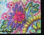 Colorful Floral Mixed Media Painting 8 x 10 inches on Canvas Board -Flower Painting- Pink Flowers