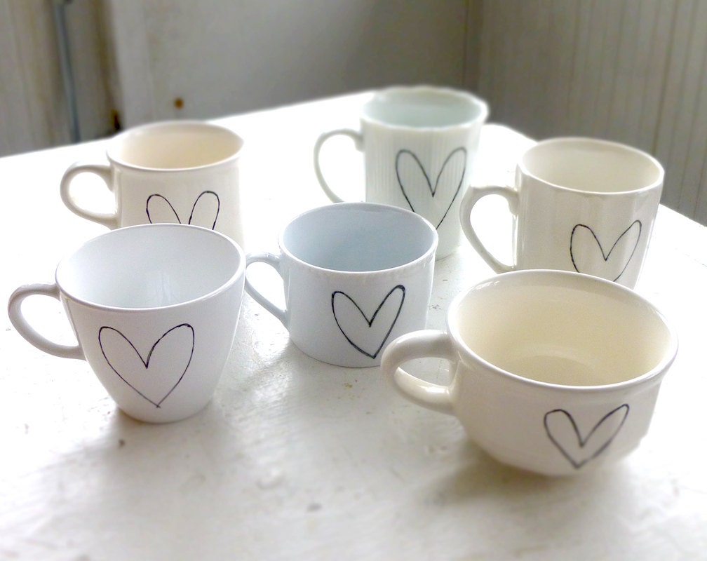 wedding or shower party favors - heart on vintage tea cups and mugs - custom bulk prices