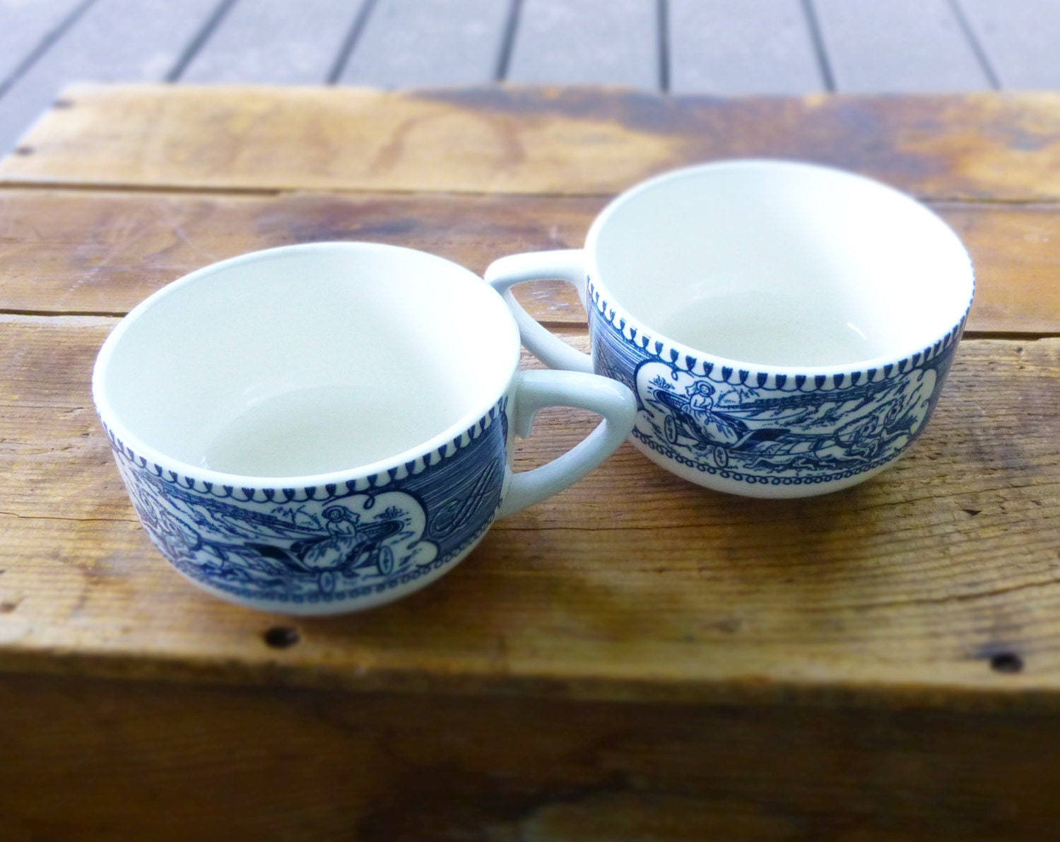 pair of vintage tea cups - blue horse and carriage illustrations - set of two (2)