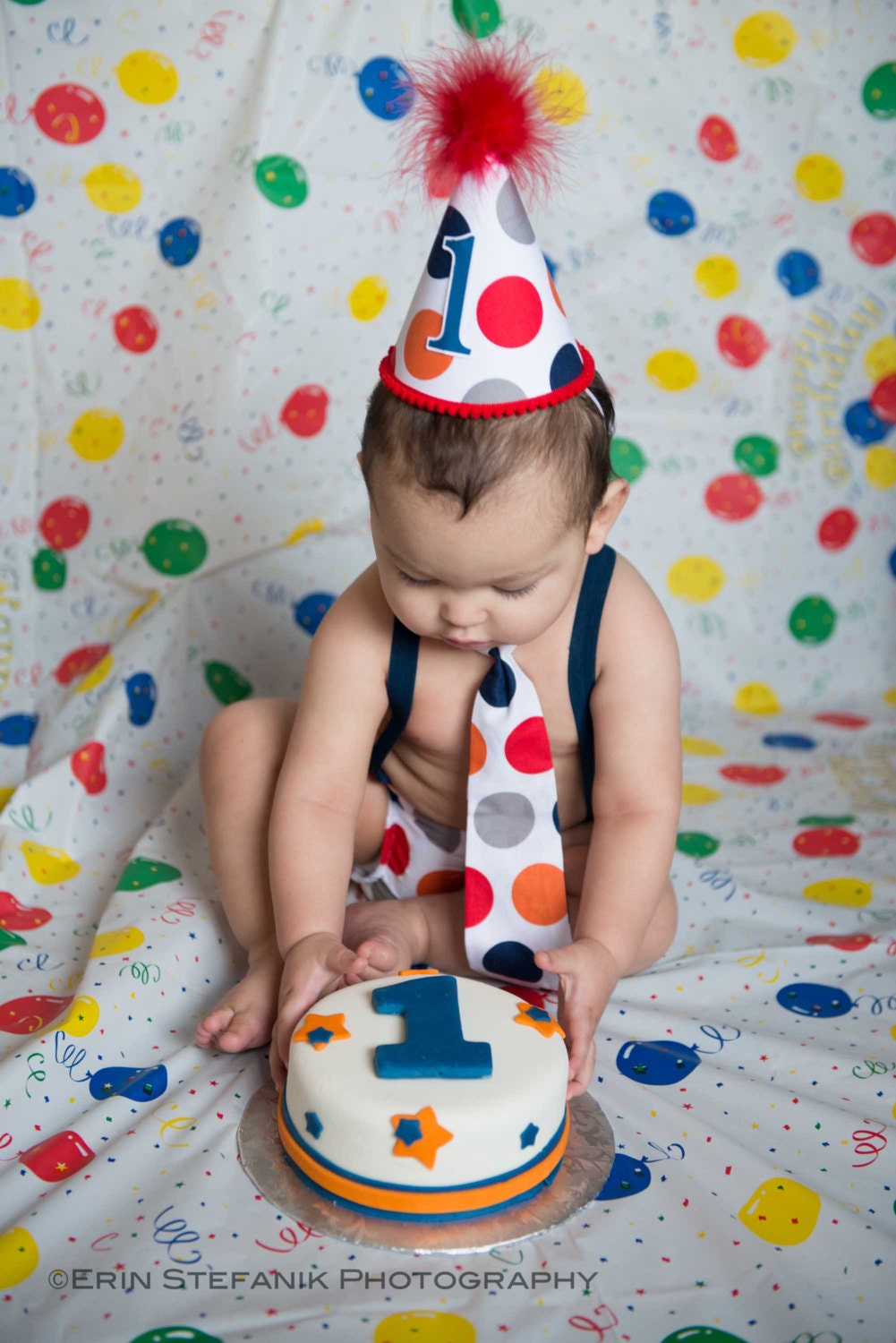 Baby boy / Toddler Cake Smash Birthday Outfit including a necktie suspenders diaper cover & party hat in Navy Orange Grey Jumbo Dot