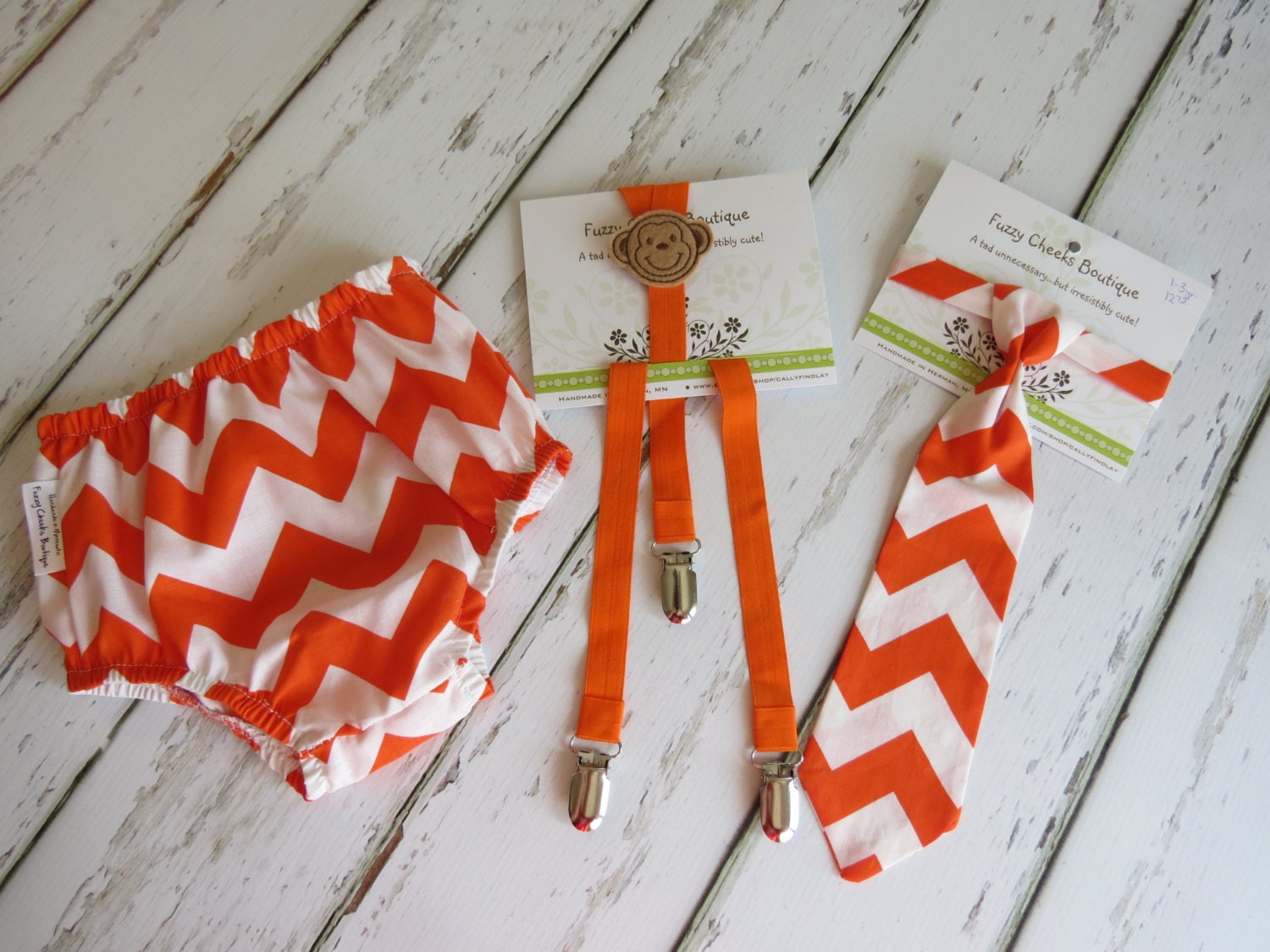 Baby Boy / Toddler Photo Outfit in Orange and White Chevron with dipaer cover tie and suspenders