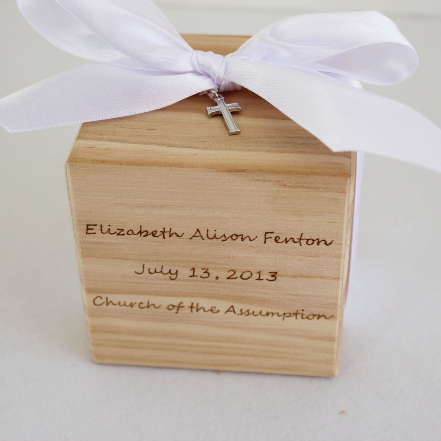 Baptism Gift Ideas or Christening Gift Ideas Baptism Present Personalized Baptism Block --- Godparent gift with white ribbon and cross