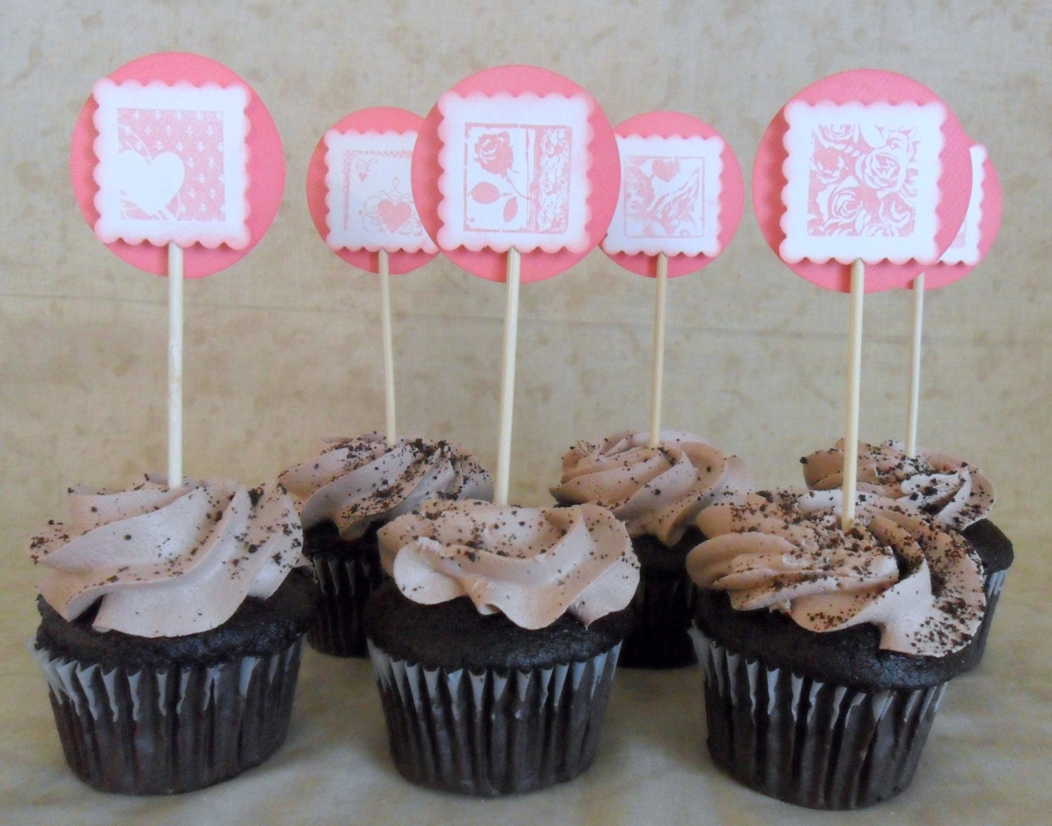 Cupcake Toppers Pink Valentine Romance Love Wedding Heart Cupid Rose Food Picks Party Decor