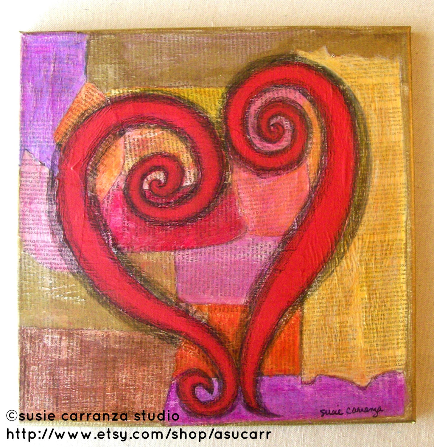 Original 12" X 12" Canvas Art - Swirling Red Heart Mixed Media Original.  Susie Carranza Studio.