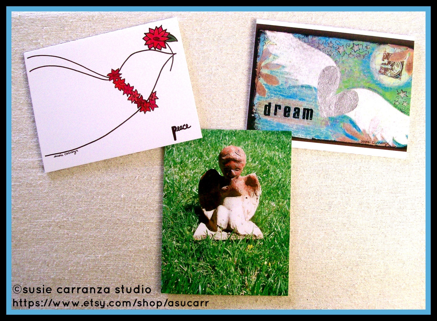 Wings - set of 3 greeting cards with 3 different images of original artwork by Susie Carranza. Envelopes included.