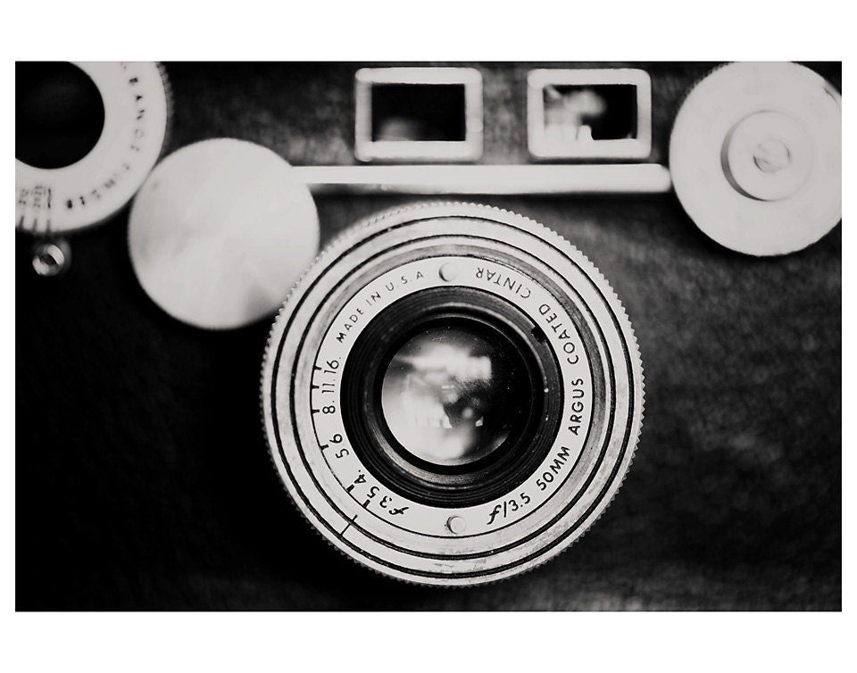 retro argus camera black and white photo print - whimsical fine art still life photography, brick, lens, icon, geometric, circle - 14x11