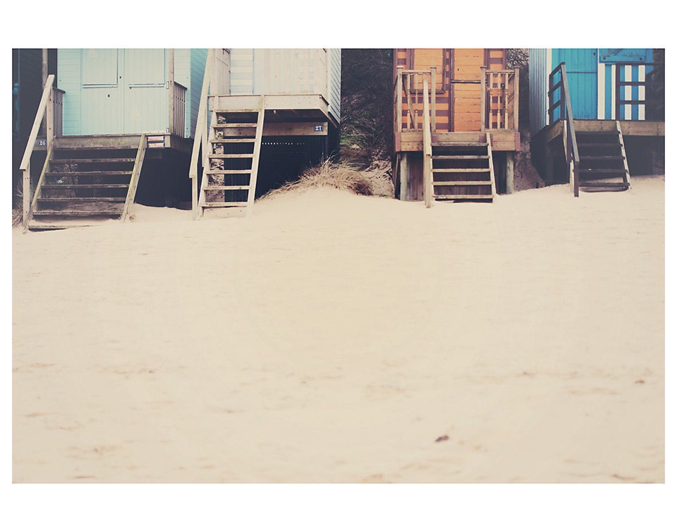 retro beach hut architecture photo print - whimsical fine art color photography, sand, cream, mint, blue, stairs, orange