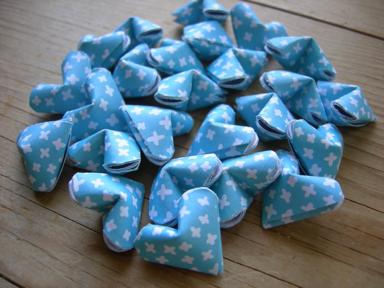 Bright Blue Hearts with White Stars, set of 24 Origami Hearts.  Handmade Origami. Paper Hearts.