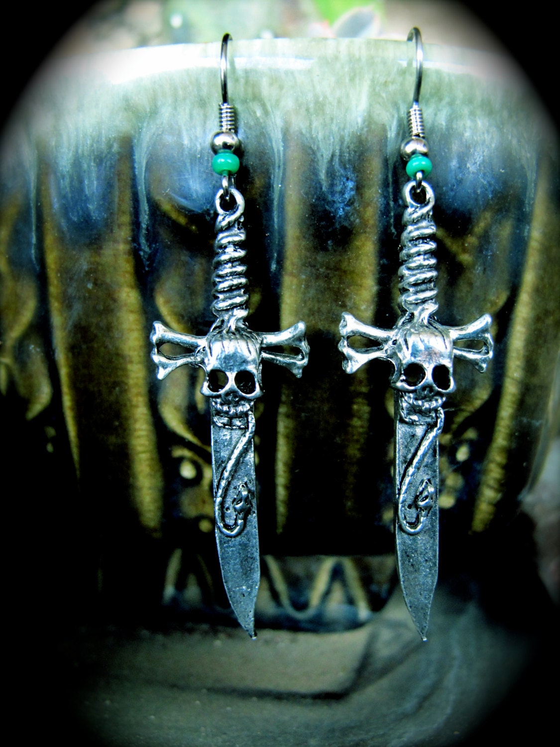 2 of SWORDS - Earrings Silver & Pewter Long Dangle Pair
