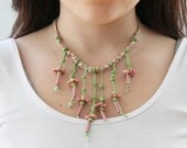 Pink Flower Beaded Necklace, Pink Necklace, Green Pink Ceramic Beads Necklace, Beaded Jewelry, Chunky Necklace, Free Shipping - WISHsupplies