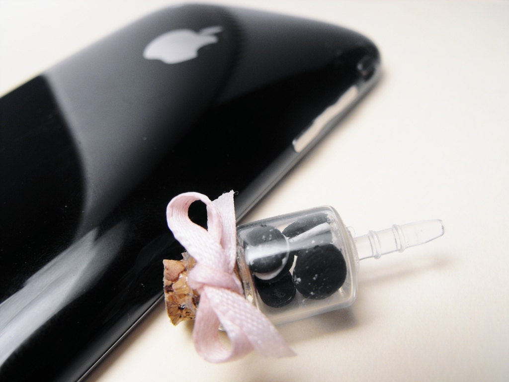 Oreo cookie inspired dust plug for smartphones- Miniature glass bottle and polymer clay