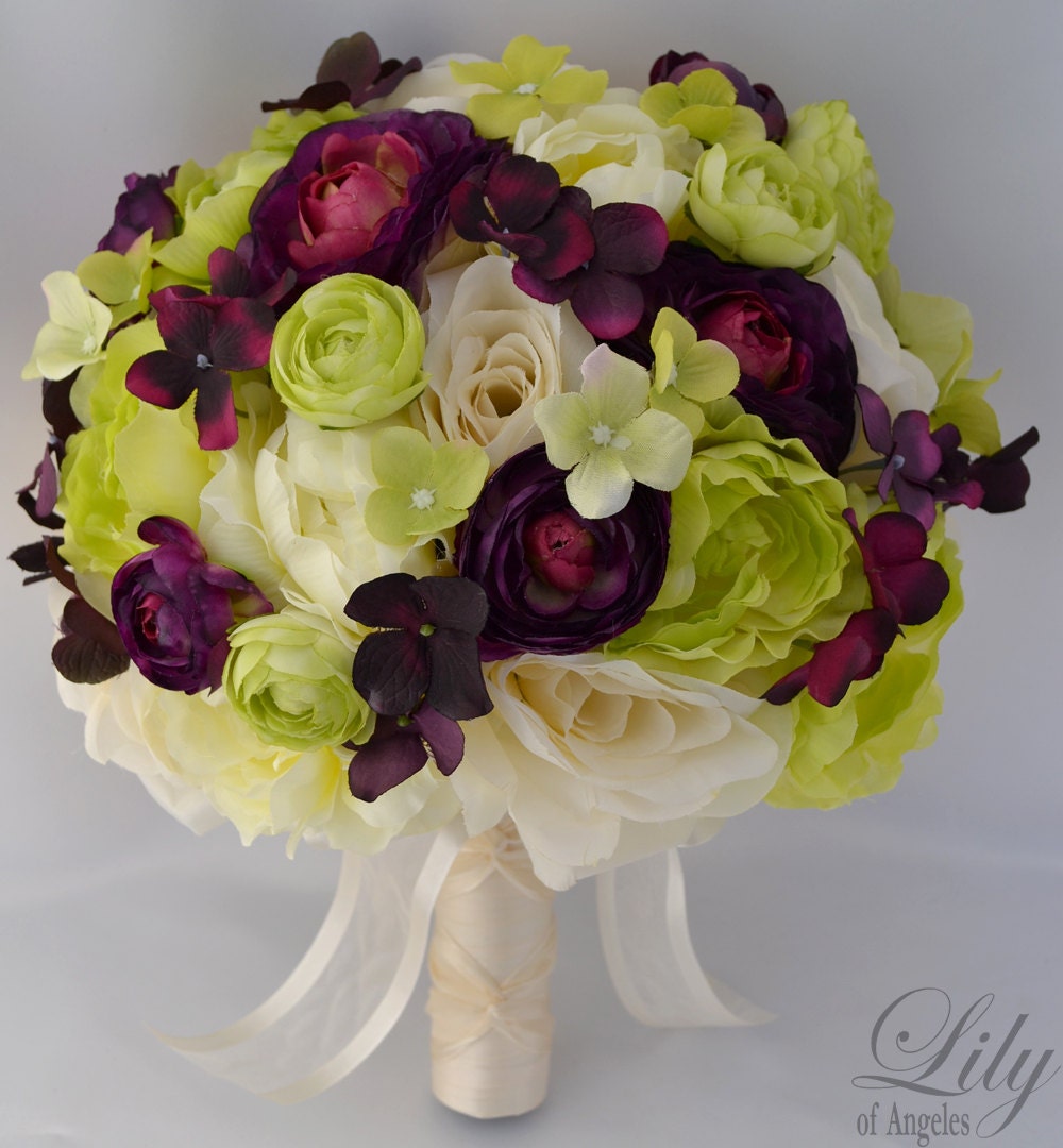 17pcs Wedding Bridal Bouquet Silk Flower Decoration Package Bride GREEN PLUM "Lily of Angeles"