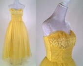 Vintage 1950s Lemon Drop Yellow  Lace & Tulle Strapless Gown - Prom, Wedding