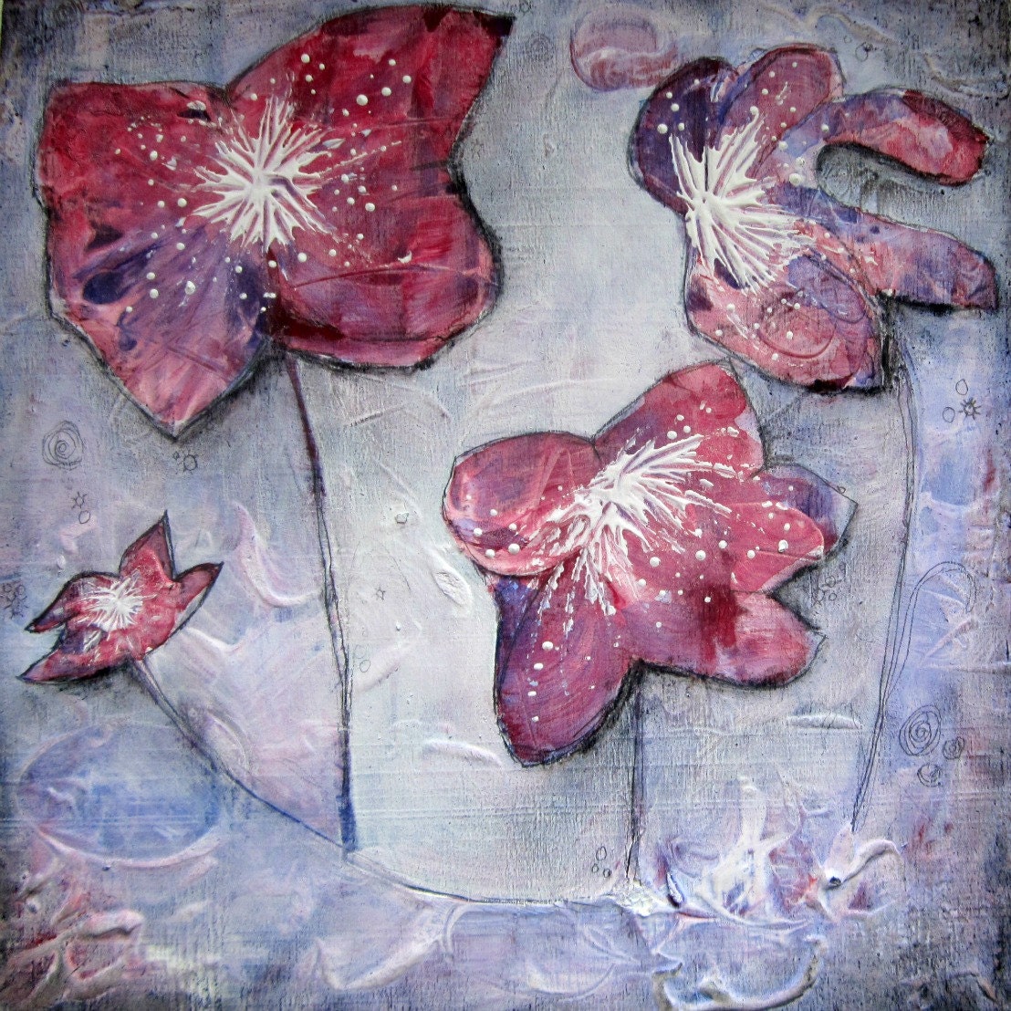 New Fields - mixed media flower painting on wooden panel in pink, purple, lilac, violet and white