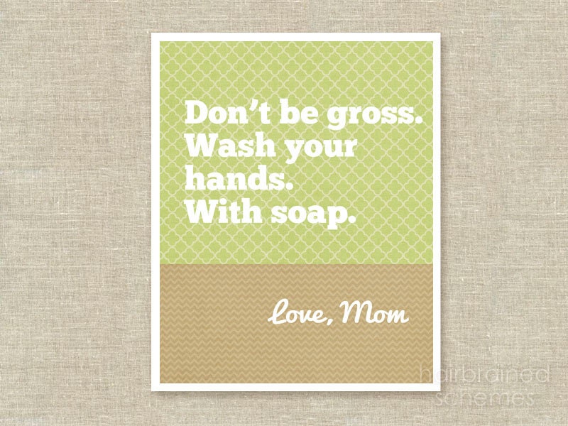Funny Typography Poster Hang Up Your Towels - Sarcastic Bathroom Decor- Snarky Art - Beige Green Letter from Mom