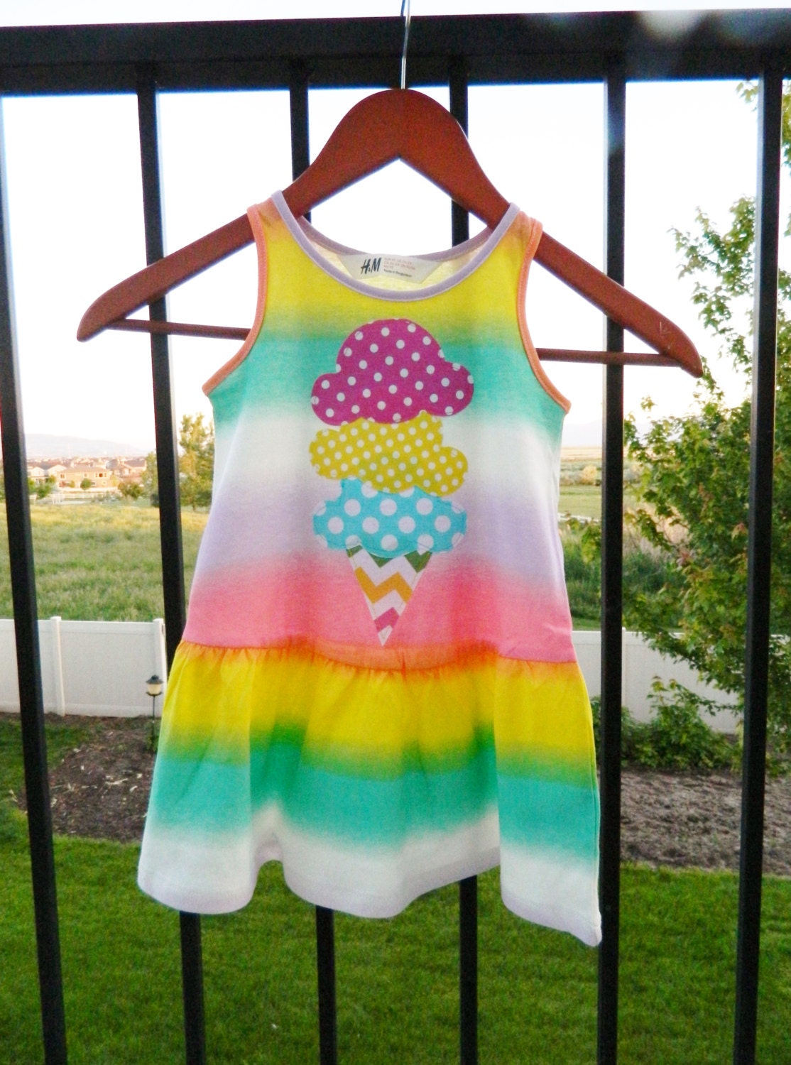 Summer yellow, pink, teal, yellow, pink striped knit tank dress with tipsy triple scoop ice cream cone with chevron cone applique - 12m - 8
