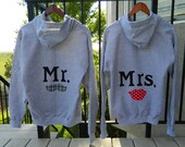 Mr and Mrs honeymoon gray hoodies with mustache and red lips applique HIS and HERS original couples wedding gift or shower gift