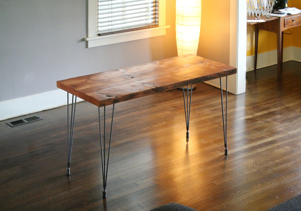 kitchen table from reclaimed old growth wood with recycled content steel rod legs - modern industrial