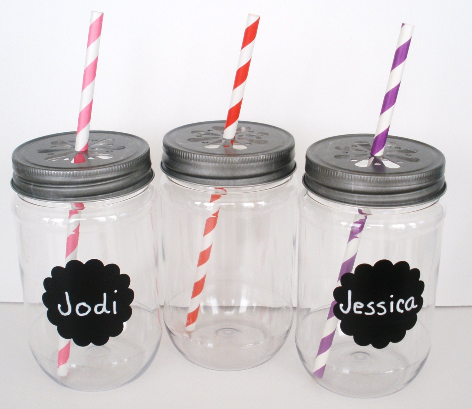 PLASTIC Mason Jars with Daisy Cut Lids....Set of 9......NEW "Unbreakable" Mason Jars Tumblers Wedding Baby Shower Birthday Paper Straws