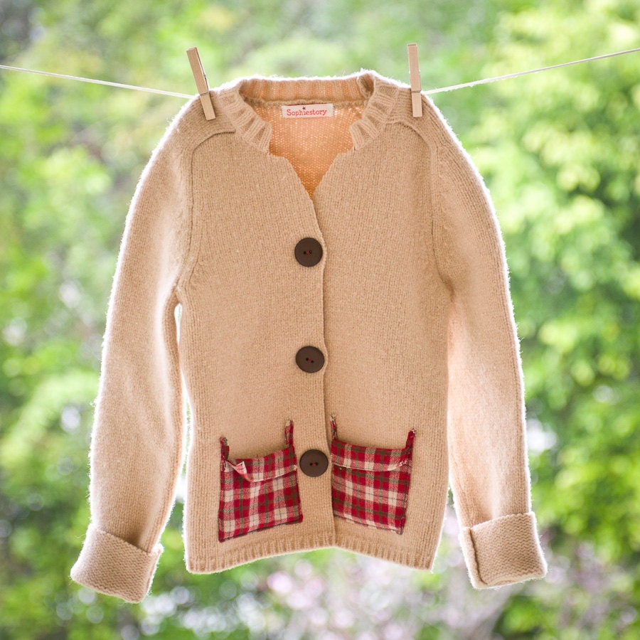 Boy or Girl Handmade Luxury Cardigan Sweater in Oatmeal, Classic Look, Red Plaid Pockets, Traditional Childrens Playwear, Spring Fashion