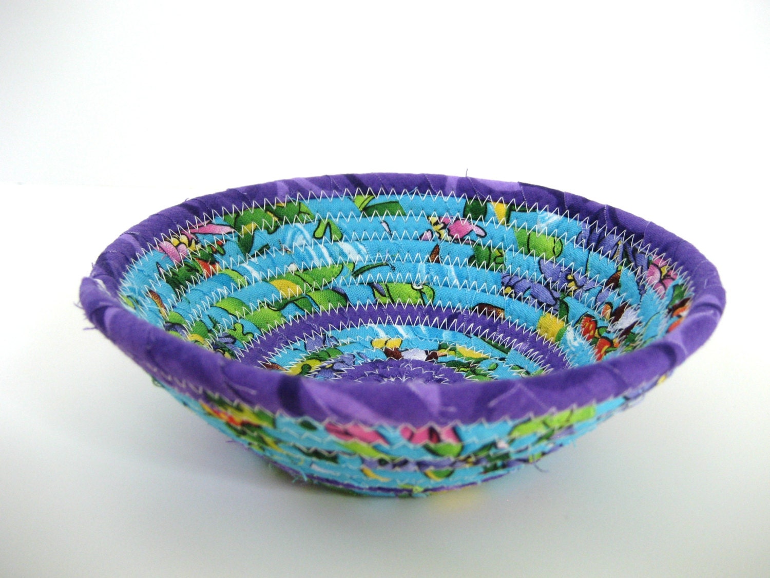 Coiled Fabric Basket Bowl Handmade Multi Purpose Purple Blue Bright Colors