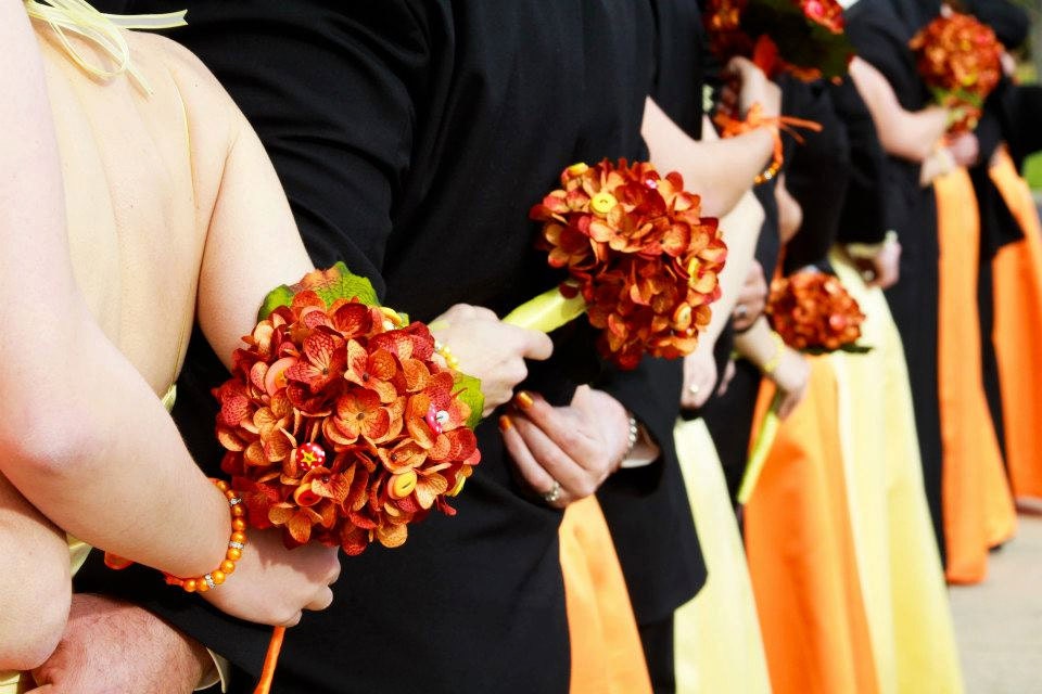 Burnt Orange, Red & Yellow Hydrangea Bridesmaid Button Bouquet