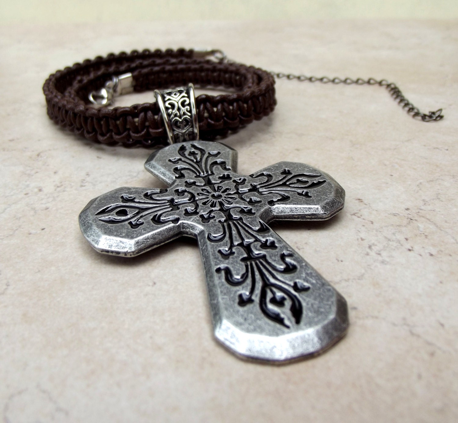 Men's Leather Necklace:  Father's Day Jewelry, Chocolate Brown Bohemian Rustic Cross Macrame Unisex Necklace