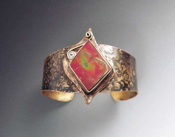 Ammolite Smokey Bronze Metal Art Cuff Bracelet