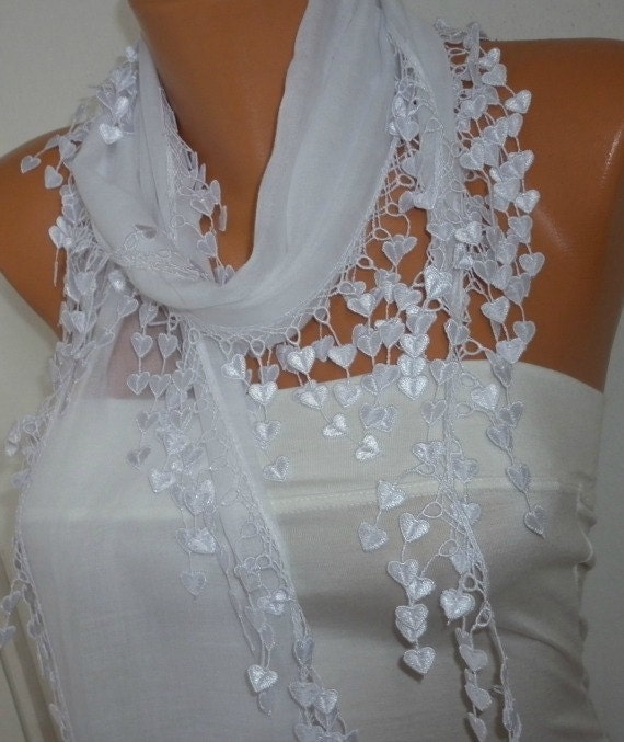White Scarf  - Cotton  Scarf -  Cowl with Lace Edge   -fatwoman - Bridesmaids Gifts - LOVE - HEART