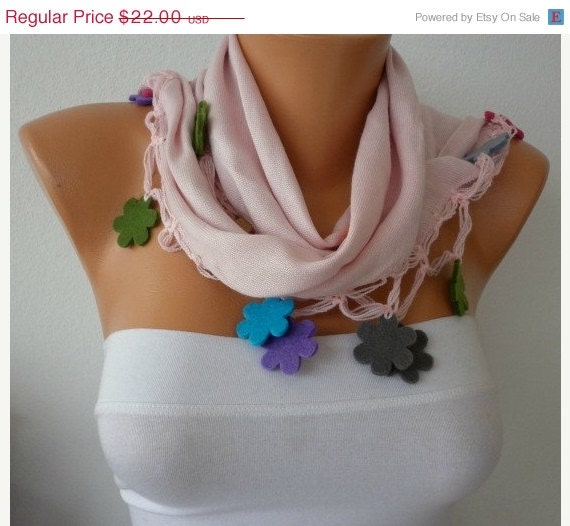 BIG SALE Pale Pink  Scarf -  Pashmina  Scarf -  Cowl with Lace Felt Colorful Flower Edge   -