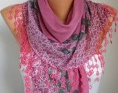 BIG SALE Scarf Shawl - Cotton Weddings Scarves - Cowl with Lace Edge - Thulian pink