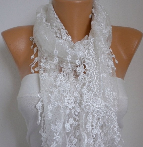 BIG SALE White  Lace Scarf - Shawl Scarf Cowl Scarf Lace Edge Gift Bridesmaid Gift fatwoman