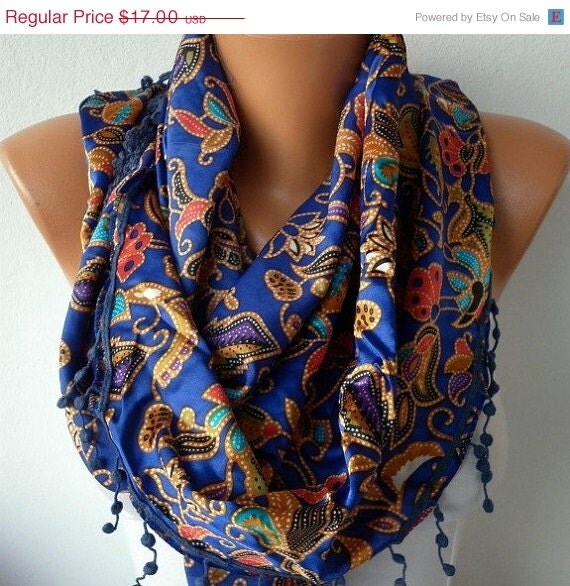 BIG SALE Blue Paisley Scarf - Floral Scarf - Shawl Scarf - Women Scarf - Cowl with Lace - Multicolor