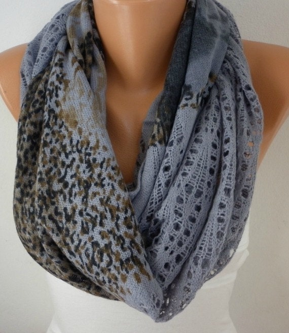 Gray Infinity Scarf Shawl Circle Scarf Loop Scarf  Fabric Knitted Lace Scarf Gift -fatwoman