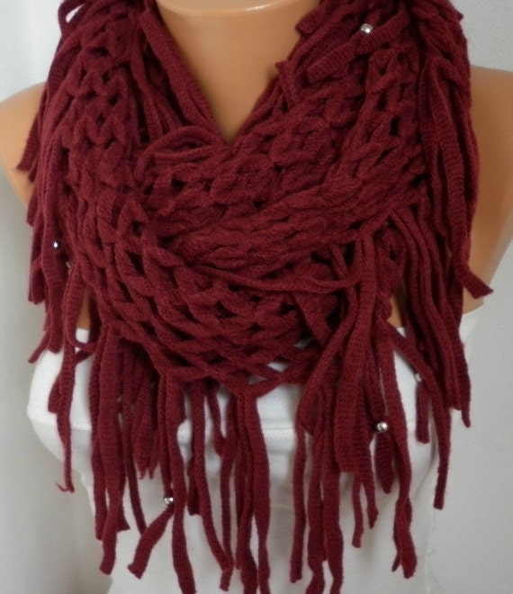 BIG SALE Burgundy Infinity Scarf Loop Scarf Circle Scarf Fabric Knitted Lace Scarf - Tube Scarf - fatwoman