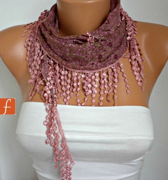 Cinnamon Scarf Cotton Scarf Cowl Scarf with Lace Edge Flowers Floral Spring Multicolor Gift - bridesmaid gift - fatwoman