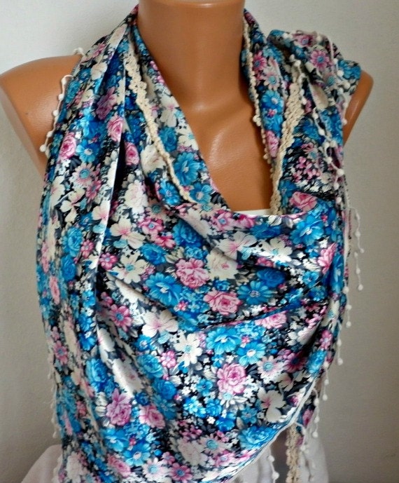 BIG SALE Women  Scarf -  Cowl with Lace - Floral Scarf