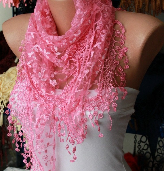 Lace Scarf Shawl Scarf Women Shawl Scarf - Cowl Scarf - Pink - fatwoman