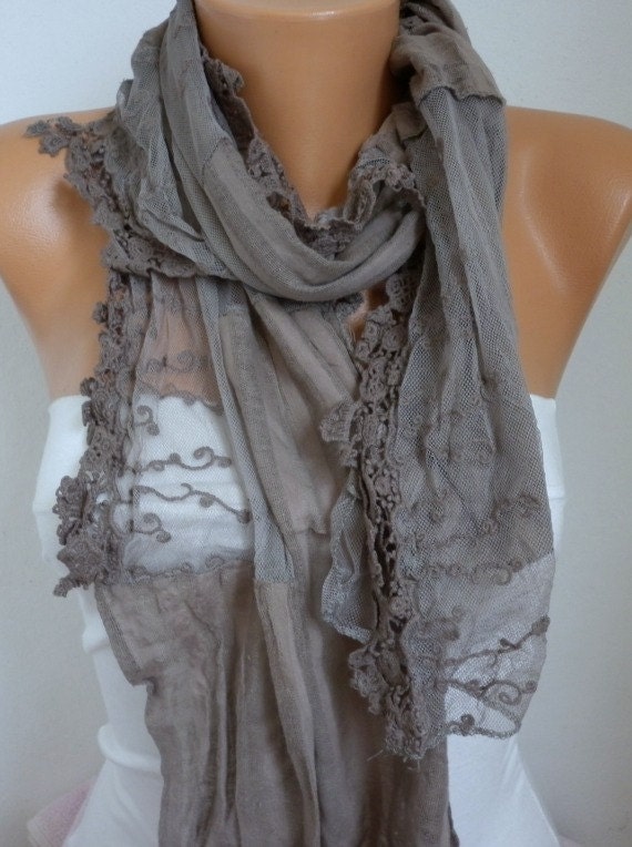 Beige  Shawl Scarf -  Cotton - Lace Scarf Cowl  - Bridesmaid Gift for her mom - fatwoman