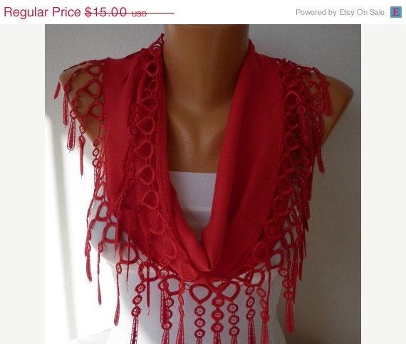 BIG SALE Women Pashmina Scarf - Cotton Scarf - - Cowl with Lace Edge - Red