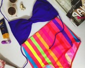 New vintage high waist bikini violet purple top and dark pink with colorful stripe bottoms fashion on summer women set handmade 100%