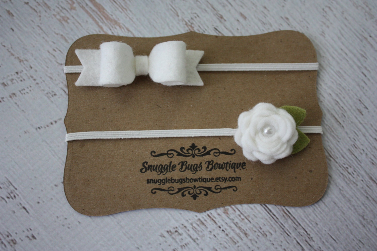 White Mini Felt Bow and Felt Rose Headband Set - Newborn Baby to Adult - Shabby Chic Wedding