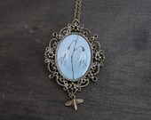 Oval Antique Brass Necklace - Fantasy Border - Epoxy Glass - Deutzia Scabra