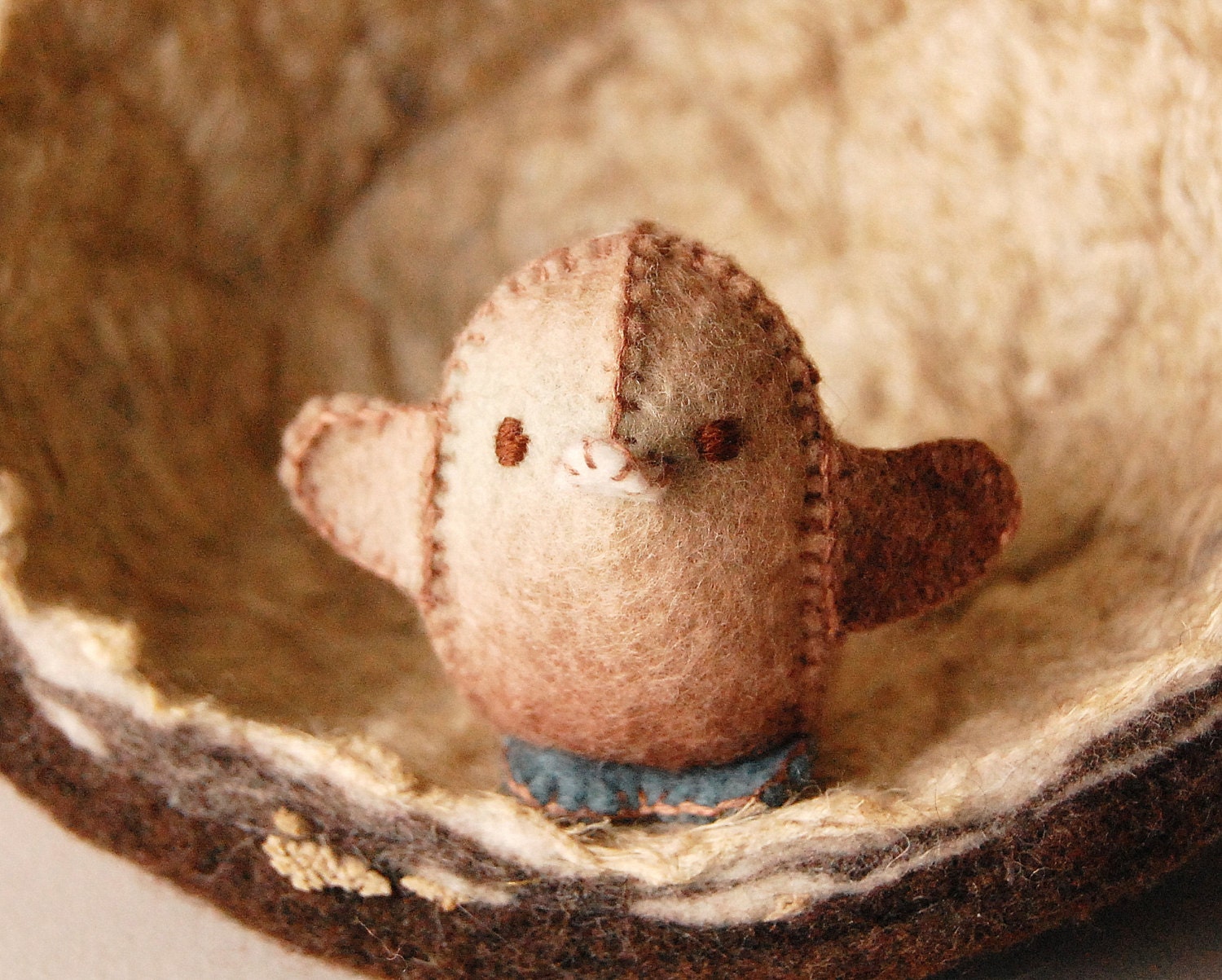 Beige and Grey Small Felted Baby Chicken Toy -- Handmade Felt Pure Wool Unique Baby Chicken