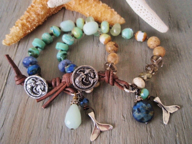 Ombre Mermaid bracelet - SeaSide - blue green sK slipKnots, leather , surfer beach boho , summer , ocean water inspired , natural earthy