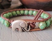 Elephant leather bracelet - green turquoise, silver, "Rustic Baby Elephant" distressed leather, lucky good luck charm, boho stack bracelet