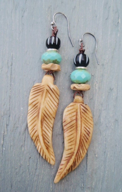 Feather earrings 'Free Bird' carved bone , Thai silver, sterling , turquoise natural southwestern country indie hippie bohemian chic
